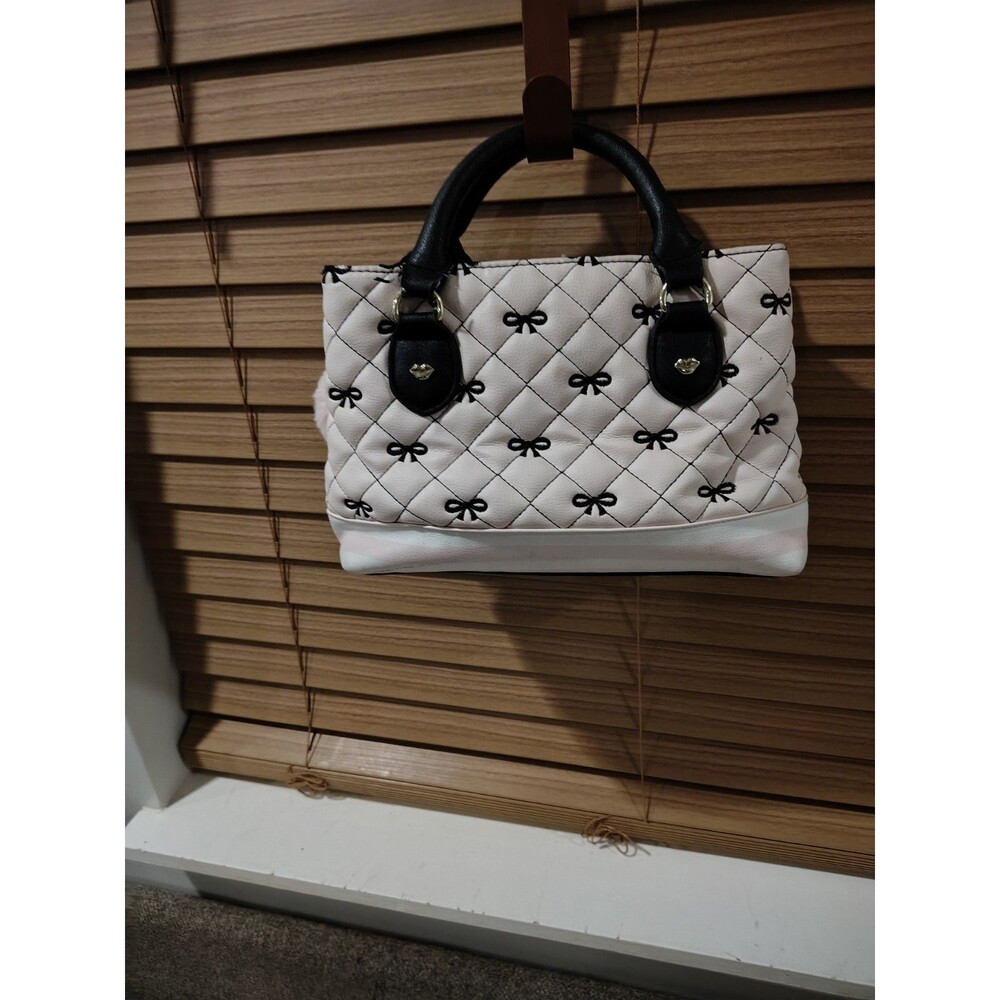Luv Betsey White Quilted Bow Top Handle Bag with Black Handles, Pom Pom Charm - Picture 2 of 6